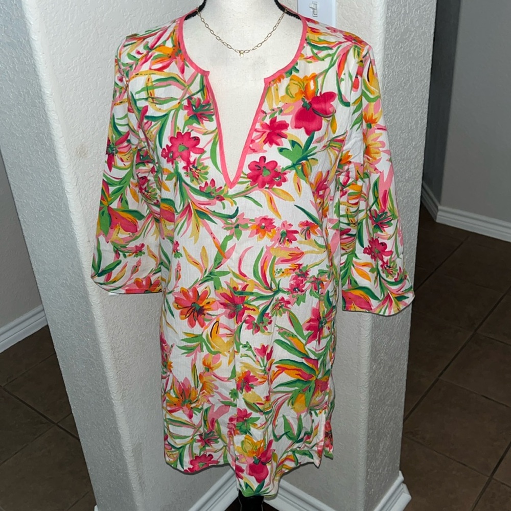J.Crew factory pink green orange tropical tunic swim beach cover-up Size S